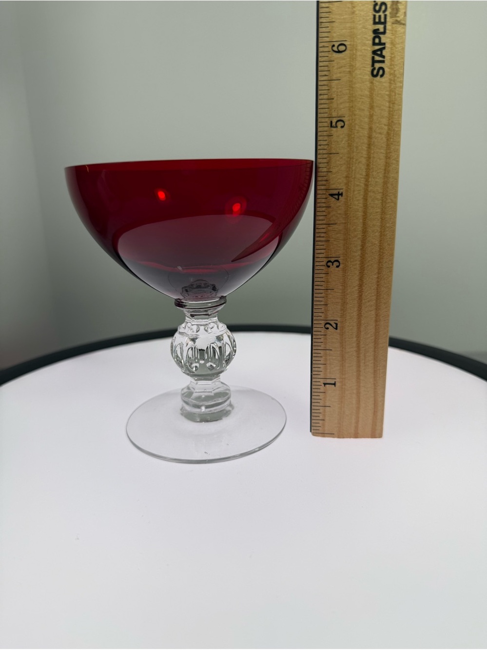 (1) Gorgeous Vintage ruby red glass champagne coupe or tall sherbet with a clear